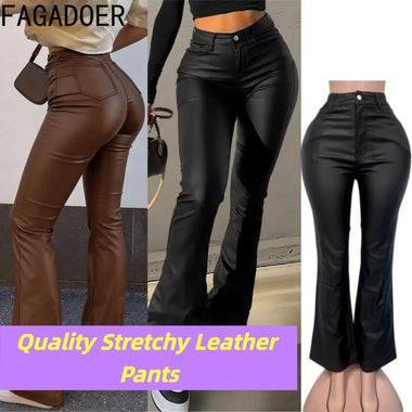FAGADOER Y2K Women Faux Leather Flare Pants High Waist Bell Bottom Stretch Skinny Fit Streetwear Sexy Going Out Streetwear New
