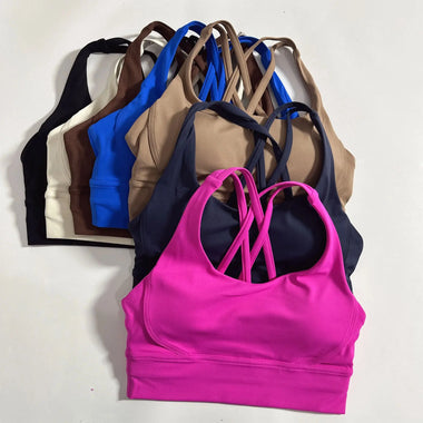 Solid Color Soft Cross Back Women Fitness Bra Tights Yoga Vest High Strength Shockproof Gym Sports Top Push Up With Chest Pad