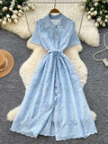 French Romantic Style Dress Women Lace Dress Lapel  Floral Embroidery Long Dresses