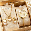 4pcs Elegant Pearls Women Watch Jewelry Set Fashion Opening-cuff Bangle Ladies Quartz Wristwatches Relogio Feminino（Without Box）
