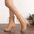 HROYL High Heel Dance Shoes Woman Beige Black Latin Dance Booties Women Open Toe Lace Up Stiletto Boots for Girls Suede Sole