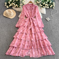 French Resort Style Heavy Work Embroidered Lace Crew Neck Dress Women Autumn Waist Slim Elegant Tiered Cake Maxi Dress
