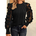 Ladies Round Neck Pleated Top 3D Floral Mesh Long Sleeve Smocked Cuff Elegant Party Casual Women Blouse