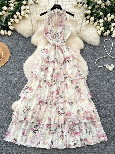 Holiday Beach Floral Halter Layered Dress Women Summer Sweet Sleeveless Lace Up Long Dresses Ladies Vintage Printing Long Robe