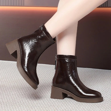 Women Ankle Boots Boots Middle Aged Women Stylish Leather Ankle Boots Round Toe Slim Fit Chunky Heel Fleece Lined All Match Short Boots For Autumn Winte