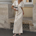 Women Romantic Floral Print Maxi Dress Summer French V Neck Puff Sleeve Waist Cinched Elegant Bodycon Long Dress