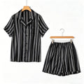 21MM 100% Natural Mulberry Silk Plain Satin Vertical Stripe Casual Short Sleeved Shirt Five Quarter Pants Home Wear Pajama Set