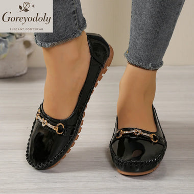 goreyodoly Women Slip On Loafers Wide Fit Comfortable Flats Lightweight Breathable Patent Style Shoes Rhinestone Chain Detail