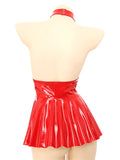 Womens Patent Leather Halter Latex Dress Wet Look Bare Breast Exposing Patent Leather Open Chest Halter Ruffled Latex Dresses