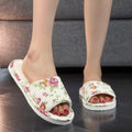 Women Floral Linen Slippers Flat Indoor Home Sandals Anti Slip Comfortable Casual Flax Slides Cute Rose Print House Shoes