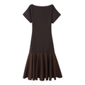Women's Patchwork Knit Dress Casual O Neck Short Sleeve Solid Pleated Hem Women Elastic Midi Dress Female Chic Long Dresses