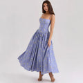 Women's White Floral Print Corset Maxi Dress Spaghetti Strap Pleated A-Line Summer Elegant Long Vacation Gown