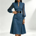 Streetwear Denim A-Line Dress Summer Women Tulle Puff Long Sleeve See Through V Neck Maxi Dresses Vintage Jean Dress With Belt