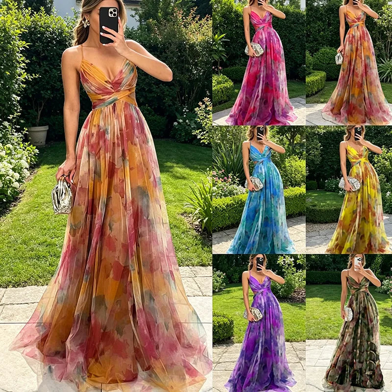Women's Fashion Spring Summer New Mesh Floral Print Elegant Party Dress ladies Halter Neck Holiday Beach Long Dress