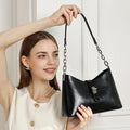 Genuine Leather Women Bucket Bag Chain Handle Lock Closure Shoulder Crossbody Handbag Korean Style