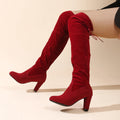 Fashion Ladies Thigh High Over Knee Boots Faux Suede Round Toe Chunky Heel Long Boots Black Red Brown Winter Footwear