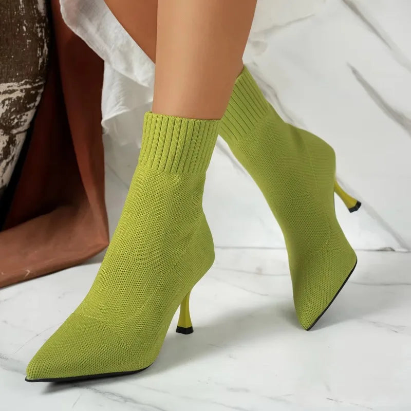 Women High Heels Spring Autumn Women Ankle Boots Slip-On Green Chelsea Boots Women Luxury Stretch Fabric Women Socks Shoes Pointed Toe High Heels