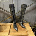 Camouflage Leather Boots Ankle/knee Boots 2026 New Style Hollow Summer Boots Women Pointed Sexy Cross Straps 9Cm Heels Boots