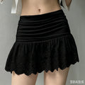 Embroidered Flower Lace Mini Skirt Y2K Streetwear Harajuku Ruched Skirts Double Layer See Through Lace Up Ruffles Skirt