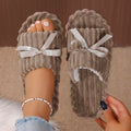 Women Bow Decor Corduroy Open Toe Slippers Soft Flat Non Slip Indoor Bedroom Home House Shoes