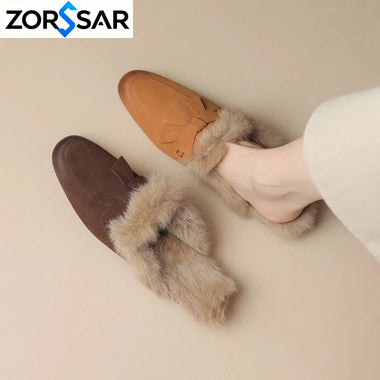 Women's Flat Slippers 2026 Autumn Winter Fashion Outdoor Warm Non Slip Plush Shoes Lightweight Comfortable Casual Half Slippers