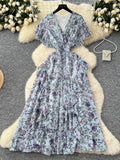 French Floral Printed Dress Women Sexy Cross V-neck Short Sleeved Vintage Long Dresses Ladies Ruffled Beach Long Robe Vestidos
