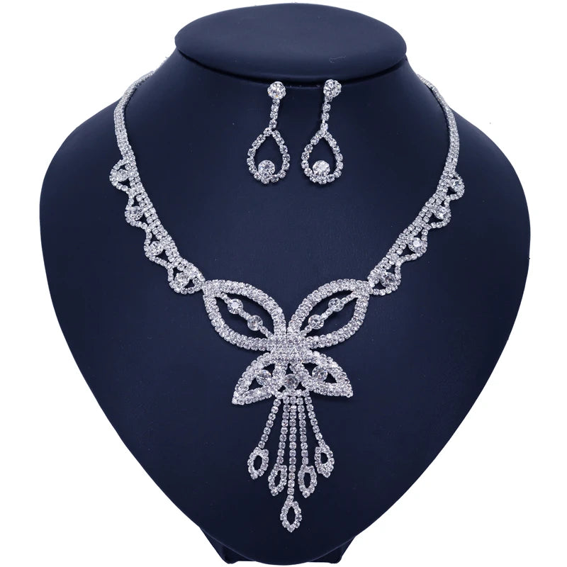 Luxury Big Butterfly Pendant Flower Crystal Bridal Jewelry Sets Women Statement Gold Color Necklace Earrings Set For Wedding
