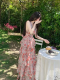 Summer New Deep V-neck Floral Print Dress Evening Party Lady Chiffon Slim Fairy Dresses Backless Sling Vintage Sweet Dress Long