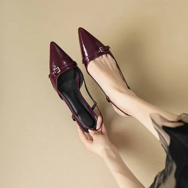 2026 New Summer French Wine Red Pointed Patent Leather Mid-heel Overhead Sandals for Women Retro Skinny Heel Back Empty Shoes