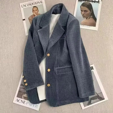 Women Corduroy Blazer Coat New Spring Autumn Long Sleeve Single-breasted Elegant Office Waist Casual Ladies Suit Coat Female Top