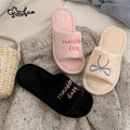 XIXITIAO Women's Home Slippers New Bow Embroidery Comfort Plush Casual Indoor Anti Slip Open-toe Floor Shoes, Ladies Flat Shoes