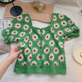 Embroidered Floral Crochet Top Puff Sleeve Square Neck Openknit Floral Crop Blouse Summer Women Teen-girl Fairycore Outfit