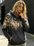 Women Fleece Hoodie Vintage Rose Floral Butterfly Partial Print Romantic Garden Style Oversized Hooded Sweatshirt