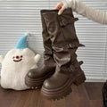Y2K Women Slouch Knee High Boots Round Toe Faux Leather Multi Buckle Strap Thick Platform Sole Pull On Tall Boots