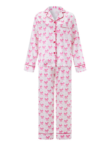 Y2k Bow Pajamas Sets for Women Silk Satin Pink Cute Pjs Long Sleeve Button Lounge Shirt Pj Pants Sets Valentine's Day Outfits