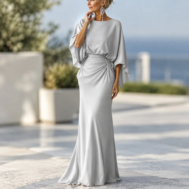 Slim Fit Pleated Dress Socialite Style with Round Neck Loose Fit Ruched Elegant Maxi Length Spring Mermaid Silhouette for Women