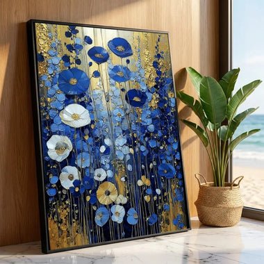Floral Blue Canvas Gustav Klimt Style Blue Floral Canvas Print Modern Gold Leaf Wall Art Poster Vibrant Flower Decor Abstract Home Decoration