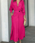Women Solid Color Maxi Dress  Autumn Fashion Elegant Long Sleeve Leisure Time Casual Daily Wear V Neck Sexy Ladies Shirt Dresses