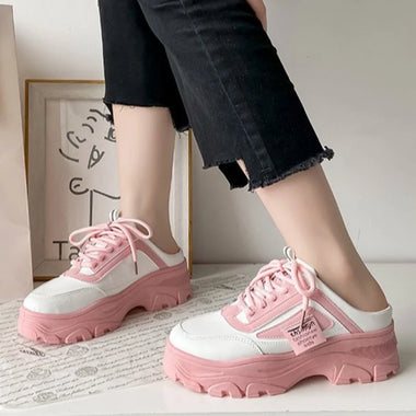 Women's Half Slippers PU Leather Womens Sneakers Breathable Platform Loafers Lace-up Shoes Outdoor Casual Shoes