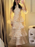 Elegant Floral Women's Cake Dress Bell-Bottomed Sleeve Stand Collar Waist-Closed Lady Dresses 2026 Spring Summer Female Robe