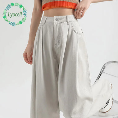 2026 Women's High Waist Wide Leg Jeans Lyocell Fabric Spring Summer Thin Loose Fit Pleated Denim Pants with Draped Straight