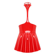 Womens Patent Leather Halter Latex Dress Wet Look Bare Breast Exposing Patent Leather Open Chest Halter Ruffled Latex Dresses