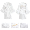 Women Kimono Bride Bridesmaid Robe Loungewear Wedding Bathrobe Gown Feather Women Embroidery Letter Sleepwear Short Satin Nightgown