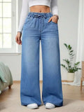 European American Trend Loose Casual High Waist Women Denim Jeans 2026 Autumn Elastic Waist Wide Leg Floor-Length Pants