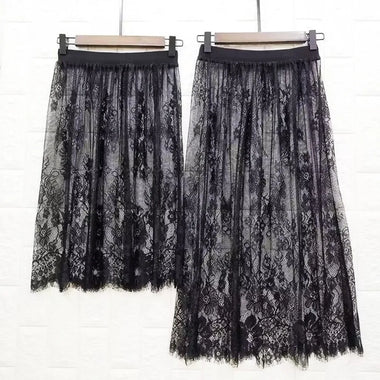 Fashion Transparent Sexy Lace Mesh Skirt Elegant Lace Long Tulle Skirt 2 Length Elastic High Waist Womens Skirt Ladies