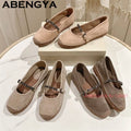 ABENGYA Nude Suede Leather loafer Shoes for Women Round Toe Belt Designer Flat Summer Fashion Ethnic Style Walk Shoes Woman