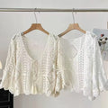 Flared Sleeve Crochet Top Hollow-out Openwork Pullover Women Guipure Lace Blouse Spring Summer French Chic Festival Boho