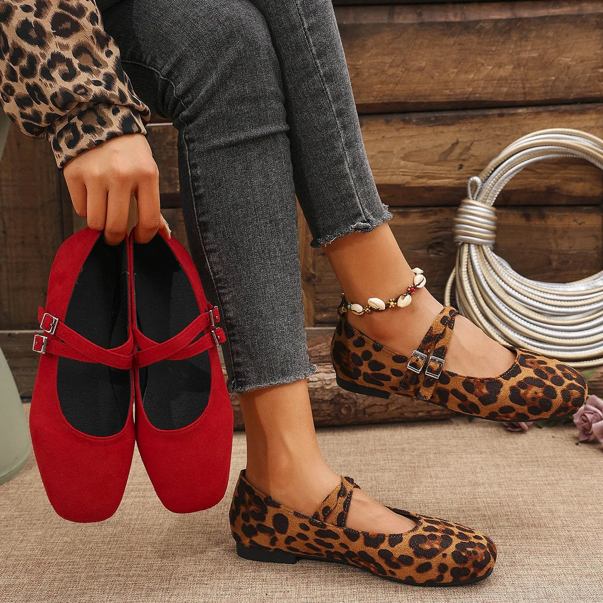 2026 New Brand Designer Double Buckle Red Ballet Flats Women Square Toe Mary Jane Shoes Woman Faux Suede Casual Shoes Female