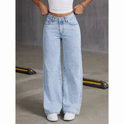 American Women's Blue Washed High-Waisted Straight-Leg Jeans Loose Fashion Front & Back Pockets Jeans Suitable Daily Casual Wear