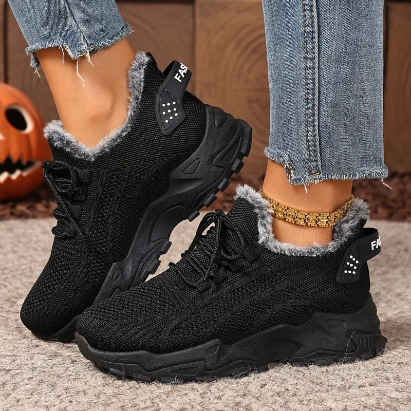 Women Winter Thermal Sneakers Knitted Fabric Lace‑up Plush Warm Lining Non‑Slip Thick Platform Sole Outdoor Walking Casual Shoes